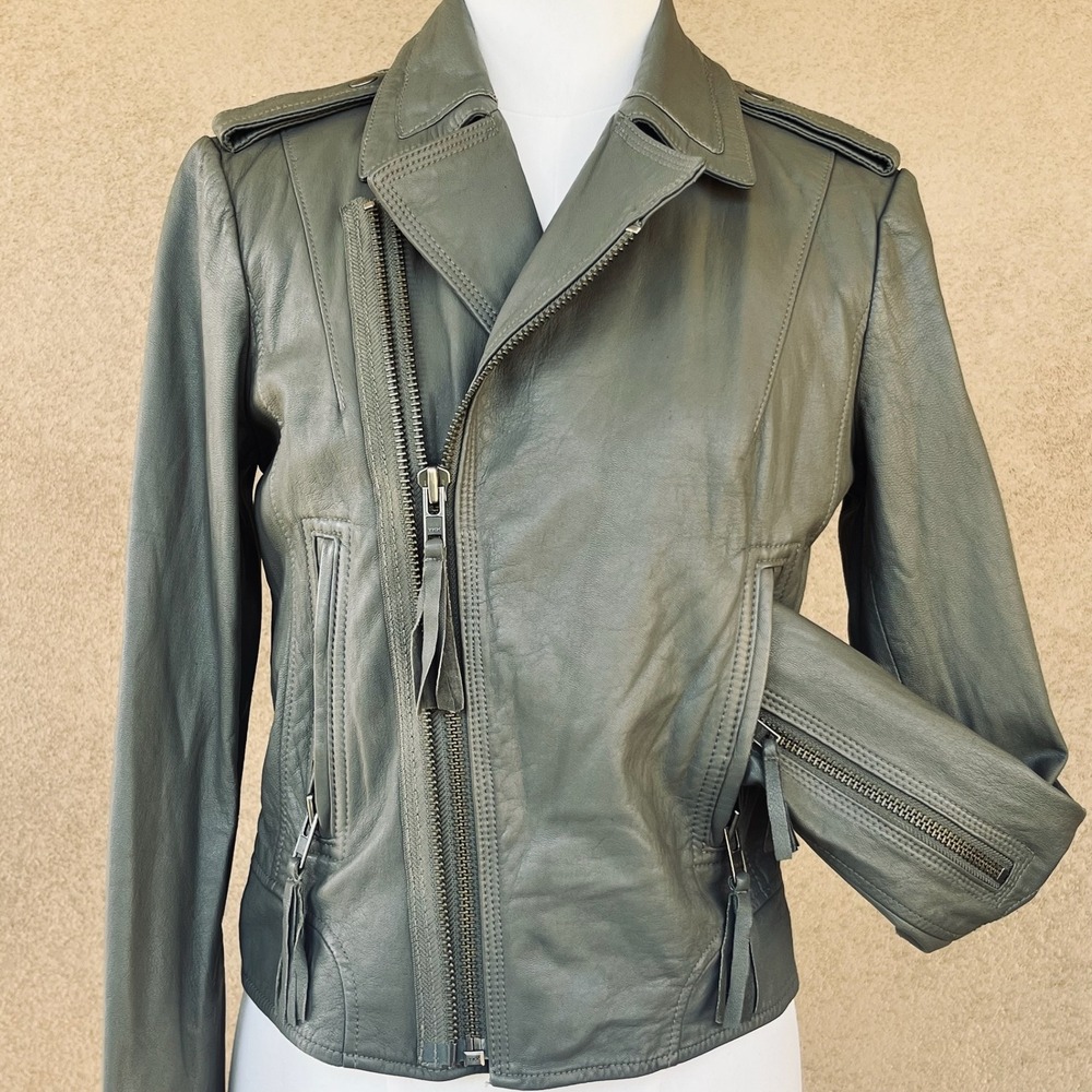 JOIE Sage Green Lambskin Leather Moto Jacket Silk Lined Luxury Luxury Soft Small